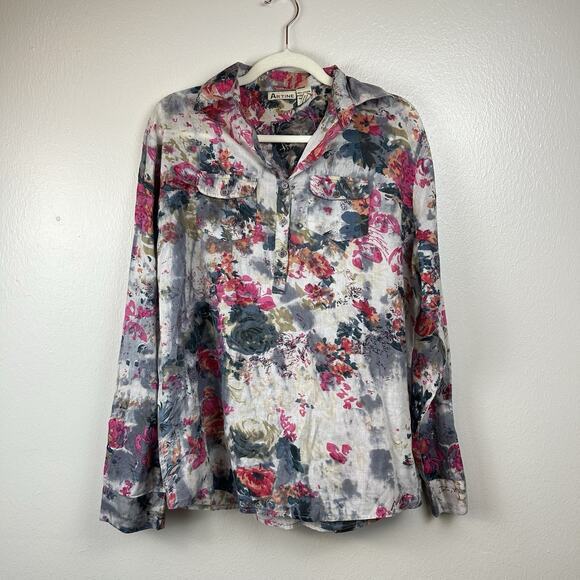 Artine Womens Cotton Popover Top Size Xl Collared Artsy Boho Lightweight